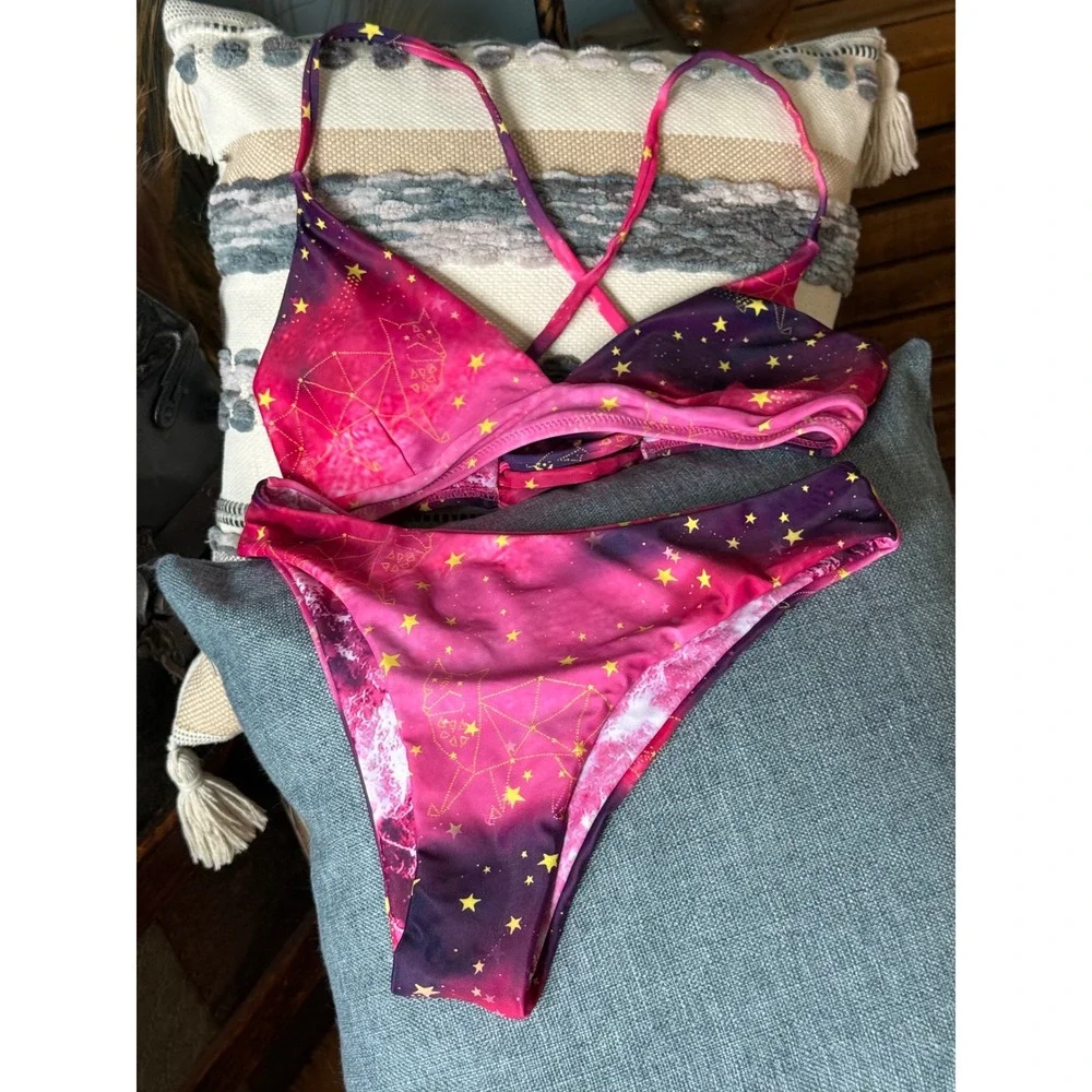 Celestial Cosmic Purple Pink Galaxy Bikini Set w/ White Crochet CoverUp Skirt XS